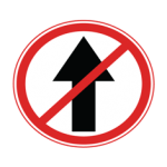 Pakistani road sign showing an upward black arrow crossed by a red diagonal line inside a red circle, prohibiting straight ahead movement