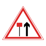 Pakistani cautionary road sign showing a signboard on a post beside a straight arrow inside a red-bordered triangle