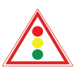 Pakistani cautionary road sign showing a red amber and green traffic signal inside a red-bordered triangle