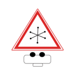 Pakistani cautionary road sign showing an unguarded level crossing symbol above a countdown distance plate inside a red-bordered triangle