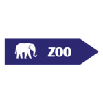 Pakistani tourist direction road sign shaped as a blue arrow with an elephant symbol and the word ZOO